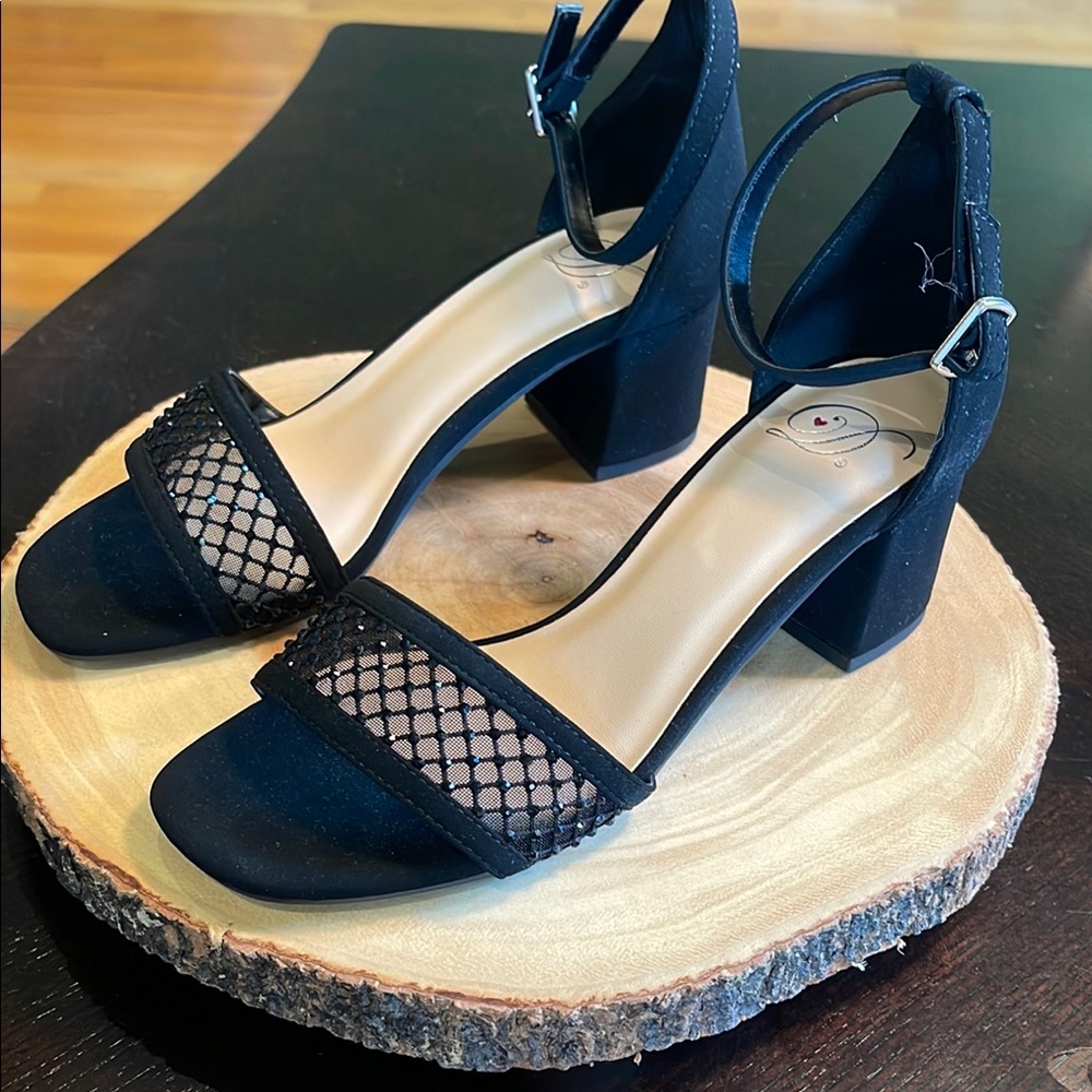 Elegant suede Black Mesh Strap Heels size 5.5